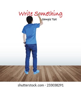Young boy writing something in room space and wooden floor. Vector illustration.
