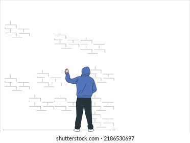 Young boy writing something in wall space area. Vector illustration.