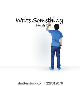 Young boy writing something in white space area. Vector illustration.