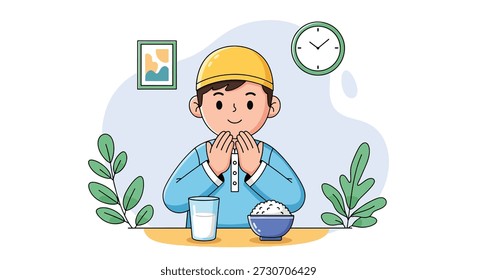 Ein kleiner Junge mit einer gelben Mütze betet mit den Händen zusammen vor einer Mahlzeit aus Reis und Milch, symbolisiert den Bruch des Fastens während des Ramadan.
