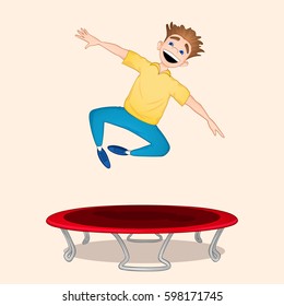 Young boy in yellow shirt and blue pants jumping on red trampoline