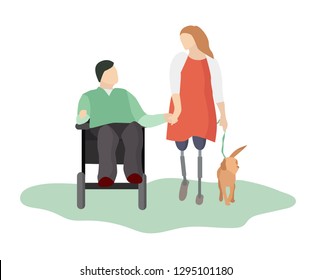Young boyfriend and girlfriend holding hands. Two people who have dentures and a wheelchair instead of legs. Flat cartoon characters. Vector illustration.