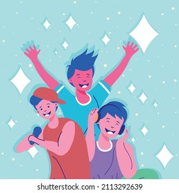 young boys celebrating happy characters