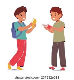 Young Boys Characters Exchanging Books. Kids Swap Stories, Ignite Imaginations, And Foster A Love For Reading. Bookcrossing Literary Adventure For All Ages. Cartoon People Vector Illustration