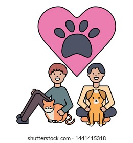 young boys with cute cat and dog mascots