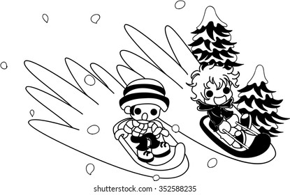 Young boys enjoying it on the sled on snow.
