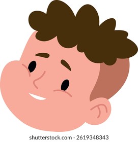 Young boy's face is presented in a simple cartoon style with dark hair.  The portrait shows a pleasant expression on a round face,  depicting a joyful young person. Cartoon vector illustration