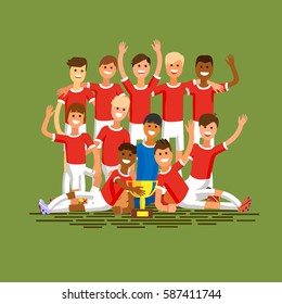 Young Boys Football Team With Winners Cup.Mixed Race Boys Celebration.Football Academy.Vector