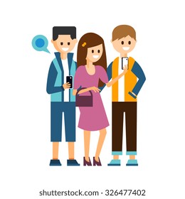 Young boys and girl make a selfie with a smartphone and communicate in social networks in flat style, vector illustration 