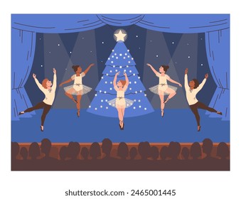 Bailarines de ballet de niños y niñas actuando en el escenario de danza clásica en la fiesta de Año Nuevo cerca de la brillante Ilustración vectorial del árbol de Navidad. Dibujos animados adornan a los niños de la bailarina de pie en posturas