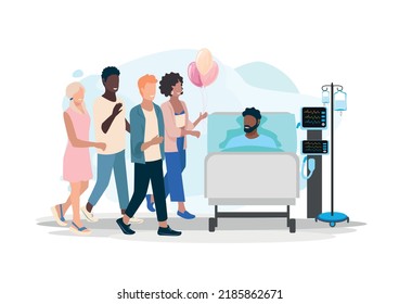 Young boys and girls came to visit their friend in the hospital. Patient and visitors. Joy and positive from meeting close friends. Vector illustration in a flat style.