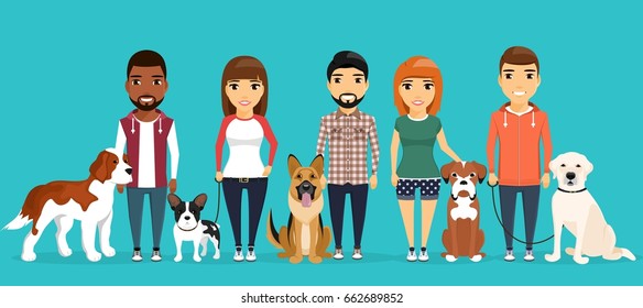 Young boys and girls with dogs. A variety of breeds. The dog beside its master. In a flat style on blue background cartoon.