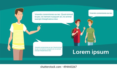 Young Boys Group Students Crowd Speaking Friends Communication Flat Vector Illustration