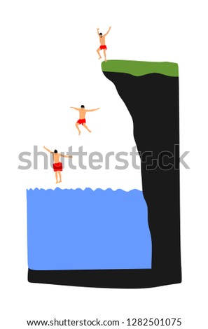 Young boys jumping in water. Man having fun in swimming pool. Cliff jumping vector illustration isolated on white background. Attractive water game on beach. Summer time activity. Enjoying moment.