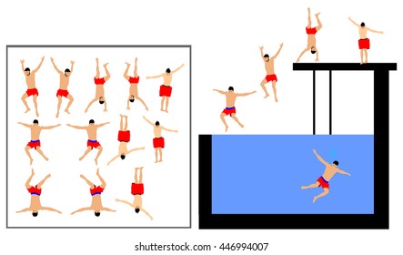 Young boys in many different position jumping into the water from a jetty. Young people having fun at the swimming pool on a summer day. Cliff Jumping vector illustration isolated on white background.