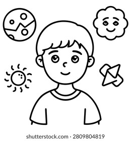 A young boy's portrait surrounded by icons symbolizing common ADHD symptoms such as daydreaming, restlessness, and scattered thoughts. This visual aids in understanding childhood attention and hyperactivity challenges.