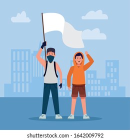 young boys protestating holding blank signs over urban city landscape background, colorful design, vector illustration