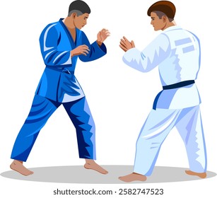 Young boys training competing in judo wrestling young men in kimono uniform standing at full height in fighting stance suitable for martial arts advertising Vector