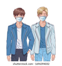 young boys using face masks anime characters vector illustration design