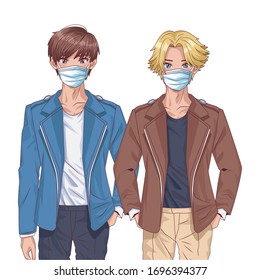 young boys using face masks anime characters vector illustration design