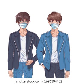 young boys using face masks anime characters vector illustration design