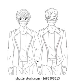 young boys using face masks anime characters vector illustration design