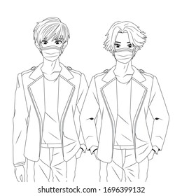 young boys using face masks anime characters vector illustration design
