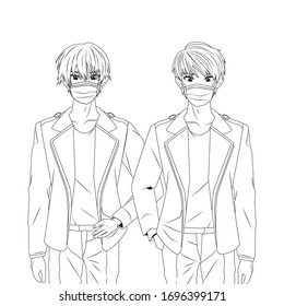 jóvenes con máscaras faciales personajes anime ilustración vectorial diseño