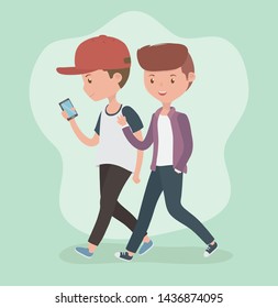 young boys walking using smartphones