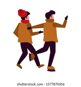 young boys with winter clothes and skates vector illustration design