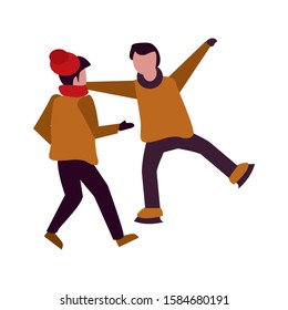 young boys with winter clothes and skates vector illustration design