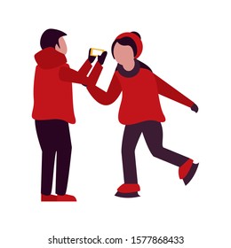 young boys with winter clothes taking picture with cellphone vector illustration design