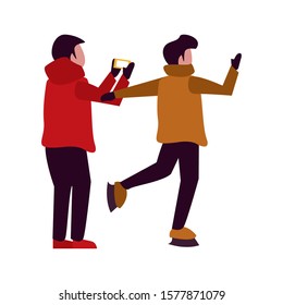 young boys with winter clothes taking picture with cellphone vector illustration design
