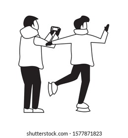 young boys with winter clothes taking picture with cellphone vector illustration design