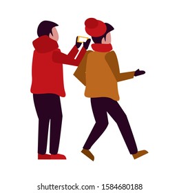 young boys with winter clothes taking picture with cellphone vector illustration design