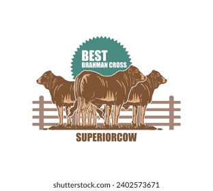 YOUNG BRAHMAN CROSS BREEDS CATTLE LOGO, silhouette of healthy and happy cow standing vector illustrations