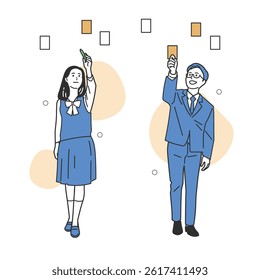 Young Brainstorming Students – Creative Thinking Set. Uniformed teens thinking creatively. Perfect for school, youth business, or training content. Clean and flexible style.