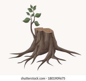 Young Branch On The Old Tree Stump. Detailed Vector Illustration.