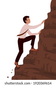 A young brave business man climbs a steep mountain. Career and effort concept. Vector cartoon illustration with white background