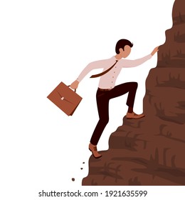 A young brave business man climbs a steep mountain. Case in hand. Career and effort concept. Vector cartoon illustration with white background