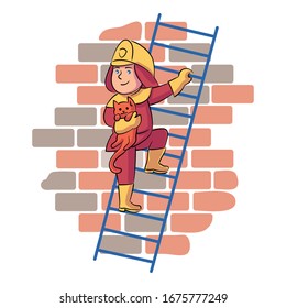 Young brave friendly smiling boy fireman wearing protective uniform and helmet standing on ladder save cat on brick wall background. Professional firefighter doing job. Vector illustration