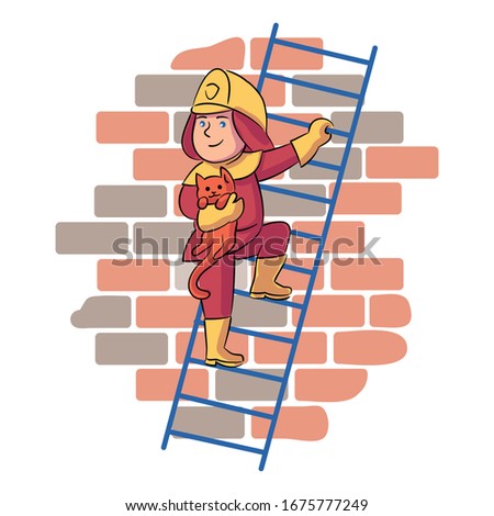 Young brave friendly smiling boy fireman wearing protective uniform and helmet standing on ladder save cat on brick wall background. Professional firefighter doing job. Vector illustration