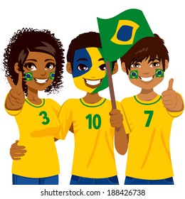 Young Brazilian soccer fans cheering their Brazil national football team