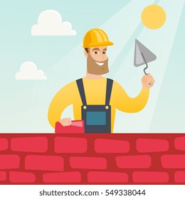 Young bricklayer in uniform and hard hat. Caucasian bicklayer working with spatula and brick on construction site. Bricklayer building a brick wall. Vector flat design illustration. Square layout.