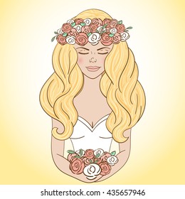 Young bride with blonde hairs and floral wreath crown. Young beautiful woman with flowers. Bridal illustration.