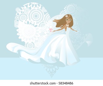 Young bride with bouquet. Background pattern with shape like heart.