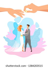 Young Bride and Groom Hugging Flat Characters. Wedding, Marriage Ceremony Celebration Vector Illustration. Diamond Engagement Ring on Finger. Happy Just Married. Wife and Husband in Love