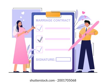 Young bride and groom are signing marriage contract together. Happy couple getting married and signing marriage contract or prenuptial agreement form on clipboard. Flat cartoon vector illustration