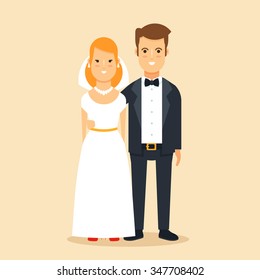 Young Bride and Groom. Wedding Concept. Colorful Vector Illustration