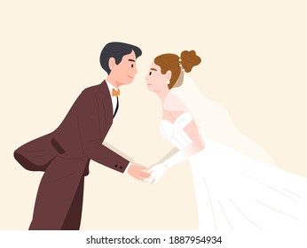 Young bride and groom in wedding dress looking at and holding each other's hand. Married illustration for invitation card, greeting card, marriage poster, banner, print or flyer. Flat vector.